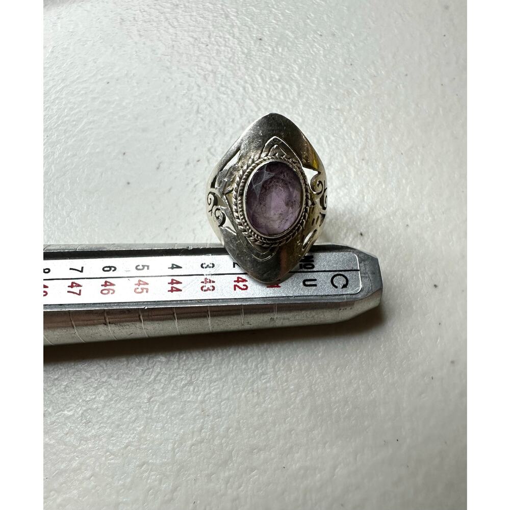 Vintage Sterling Silver Amethyst Ring Oval Purple Stone Boho Ornate Band Size 6